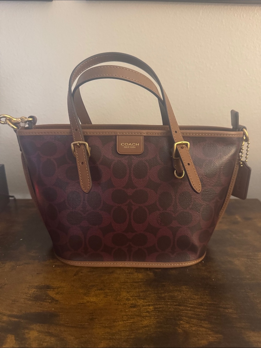 Coach Burgundy Signature Small Taxi Tote with Chocolate Trim